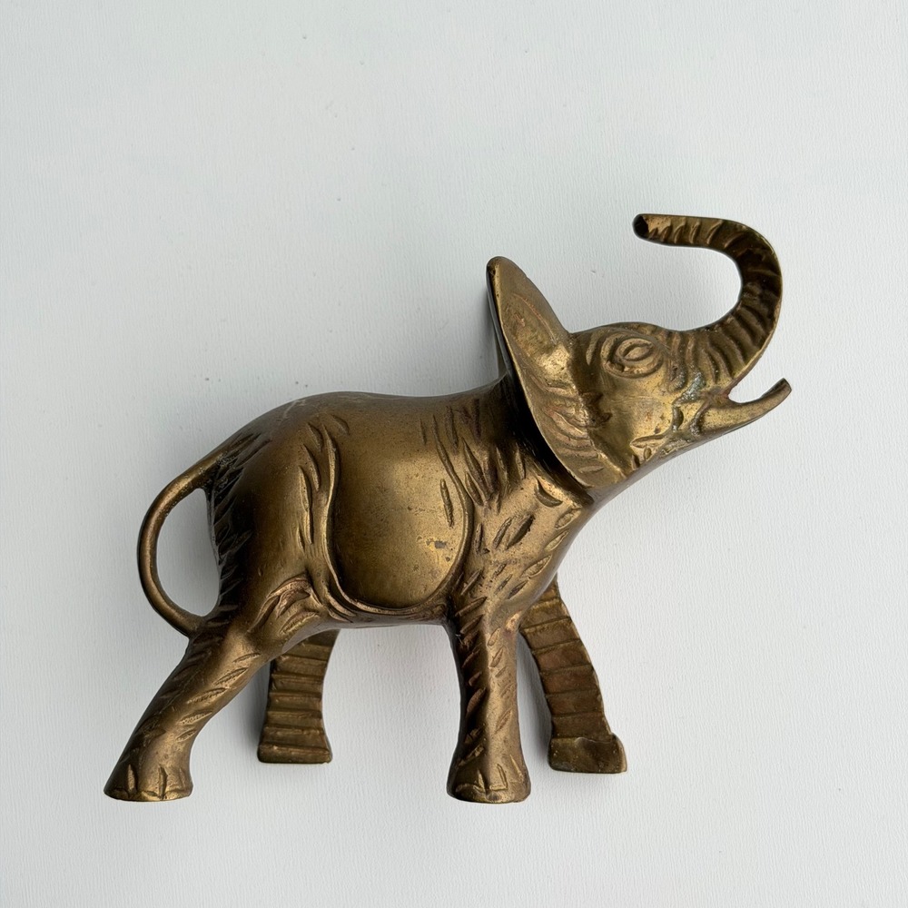 Vintage Solid Brass Elephant Figurine 5" Gold Old World Rustic Statue Heritage